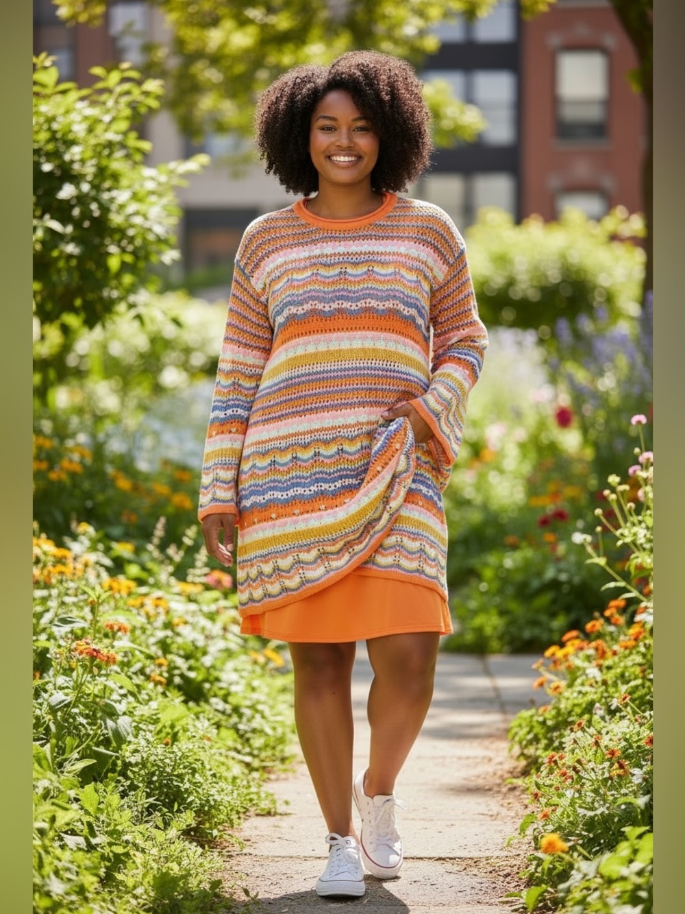 Boho Rainbow Striped Crochet Open Knit Sweater Dress XL